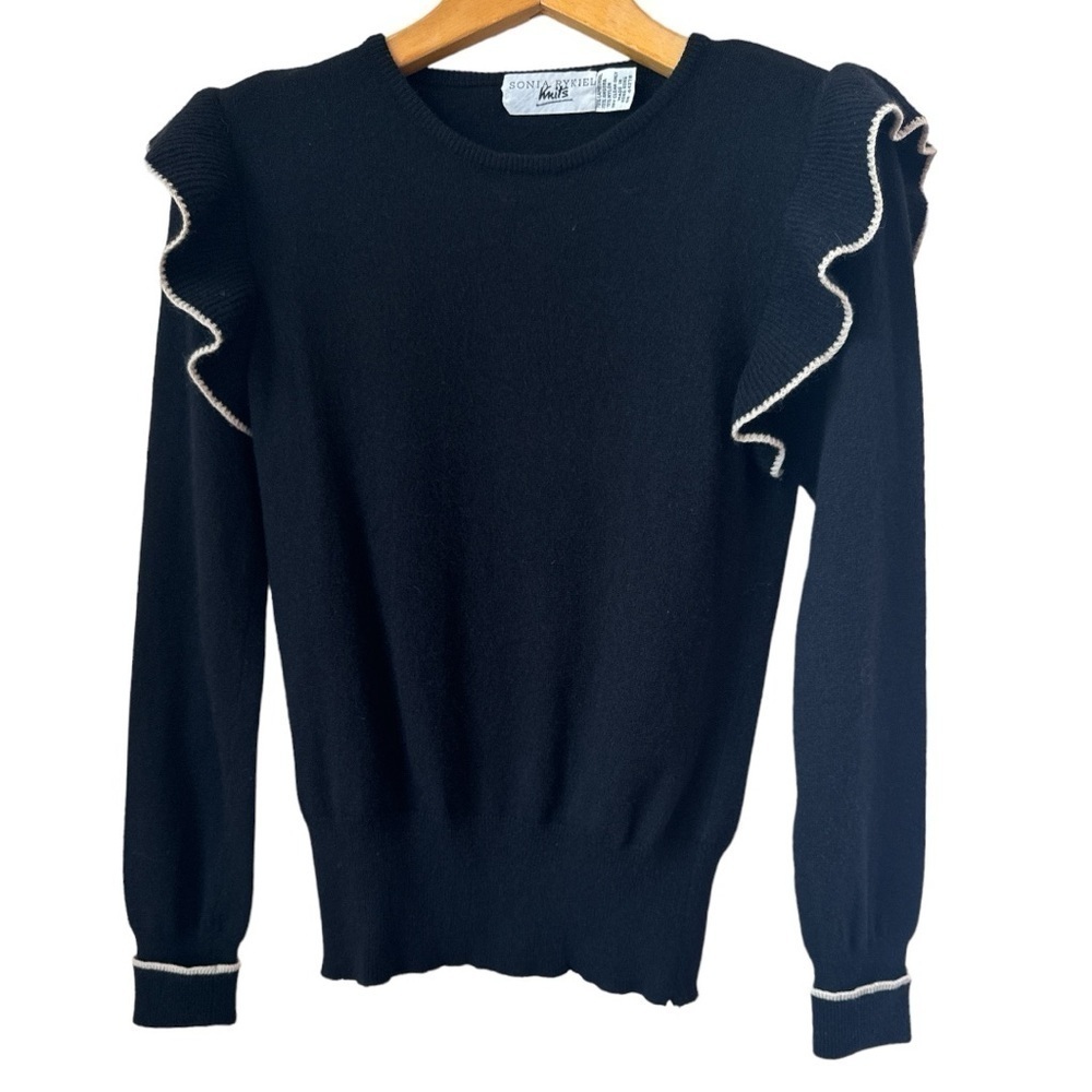 Sonia Rykiel 80s Vintage Ruffled Trim Wool Blend Sweater Size Small